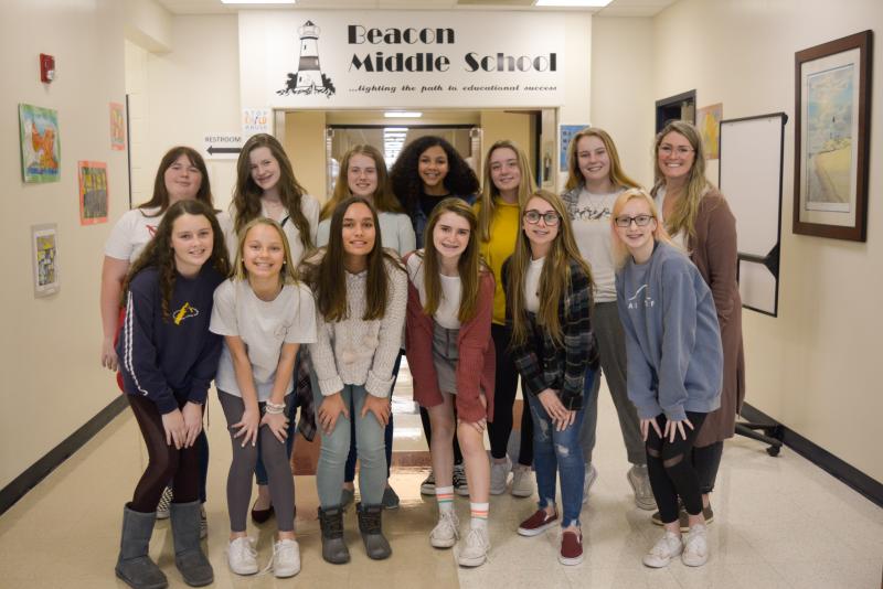 Beacon Middle School students selected to the All State Junior Choir are in back (l-r) Kaia Cauffman, Julia Graviet, Kayla Sponaugle, Aanyka Vester, Emily Redefer, Hadyn Carter-Hanson and chorus teacher Juleeann Schlitter. In front are Darcy Crotty, Jillian Gardner, Rachel Ramjattansingh, Reilly Fagles-Carey, Emily Groll and Nicole Cordner. SUBMITTED PHOTO